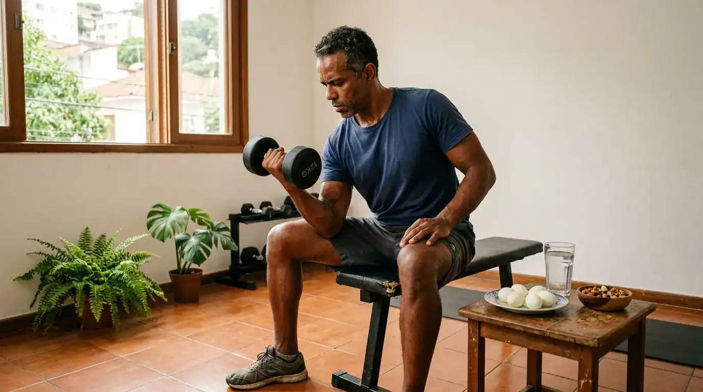Homem maduro fazendo exercício com halteres em casa, representando como aumentar a testosterona naturalmente após os 40 anos com treino de força