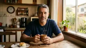 Homem maduro com expressão esperançosa tomando café pela manhã, representando que ereção fraca tem cura com tratamento adequado após os 40 anos