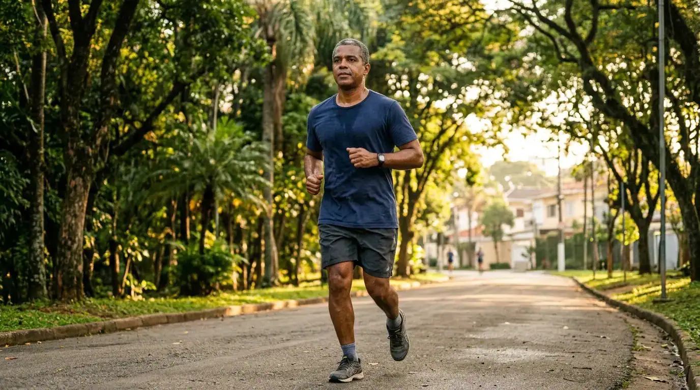 Homem maduro fazendo caminhada rápida ao ar livre pela manhã representando exercícios que melhoram a ereção após os 40 anos