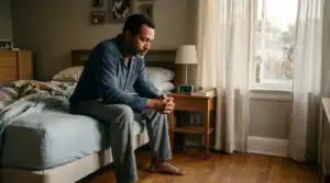 Homem maduro sentado na borda da cama pela manhã com expressão cansada, representando sintomas de testosterona baixa após os 40 anos