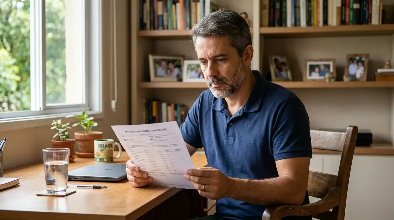 Homem maduro analisando resultado de exame em casa, representando a relação entre testosterona baixa e disfunção erétil após os 40 anos
