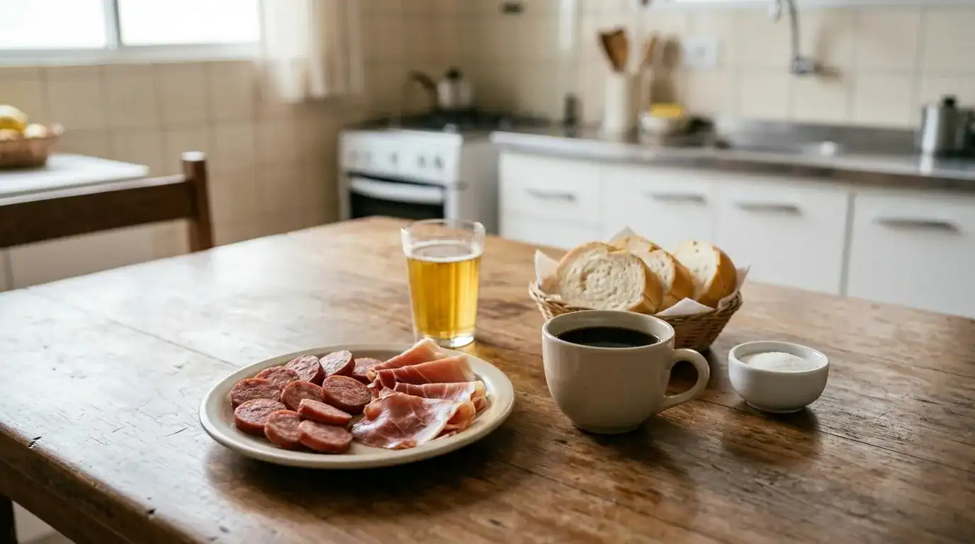 Mesa com alimentos que prejudicam a próstata incluindo embutidos, álcool, café e açúcar, representando hábitos alimentares e saúde prostática masculina
