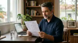 Homem maduro analisando resultado de exame de PSA em casa com expressão calma e atenta, representando o que significa PSA alto após os 40 anos