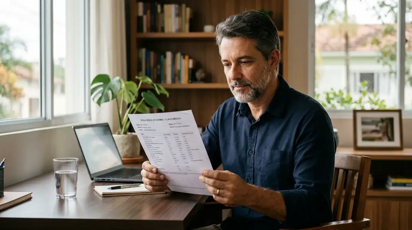Homem maduro analisando resultado de exame de PSA em casa com expressão calma e atenta, representando o que significa PSA alto após os 40 anos