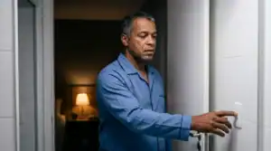 Homem maduro levantando à noite para urinar, representando sintomas de próstata aumentada em homens acima de 40 anos