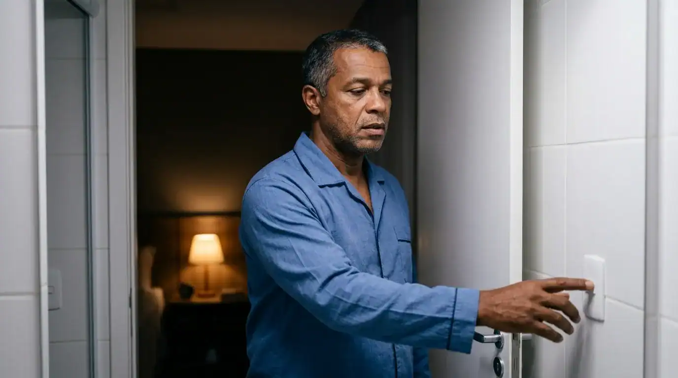 Homem maduro levantando à noite para urinar, representando sintomas de próstata aumentada em homens acima de 40 anos